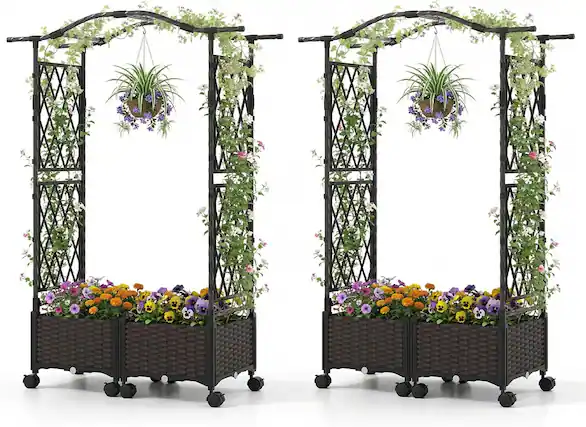 Front. Gymax - Gymax 2PCS 5 FT Self-Watering Planter Boxes w/Lattice Trellis & Roof Lockable Wheels - Brown.