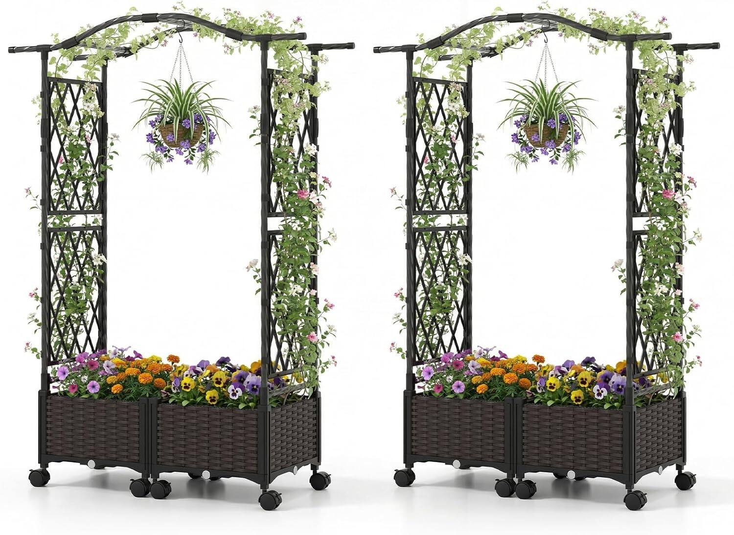 Front. Gymax - Gymax 2PCS 5 FT Self-Watering Planter Boxes w/Lattice Trellis & Roof Lockable Wheels - Brown.