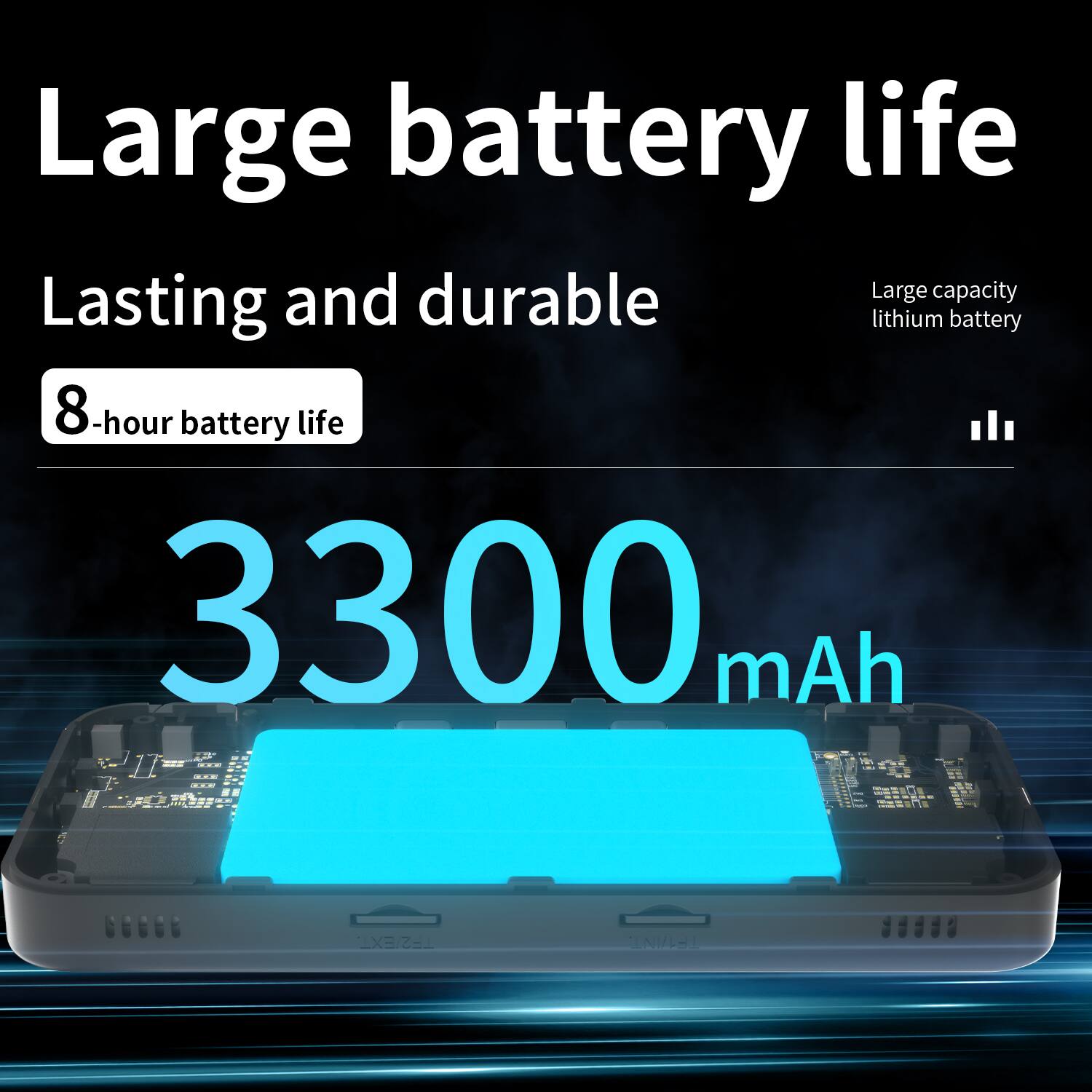 Large battery life and durable, Lasting and durable, 8-hour battery life, Large capacity lithium battery, 3300 mAh