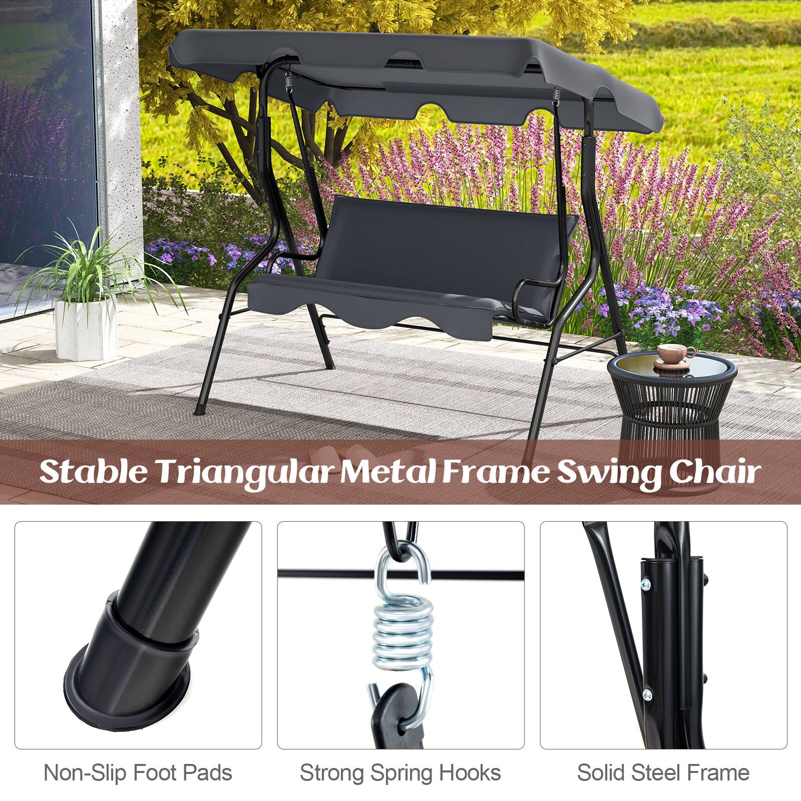 Stable Triangular Metal Frame Swing Chair Non-Slip Foot Pads Strong Spring Hooks Solid Steel Frame