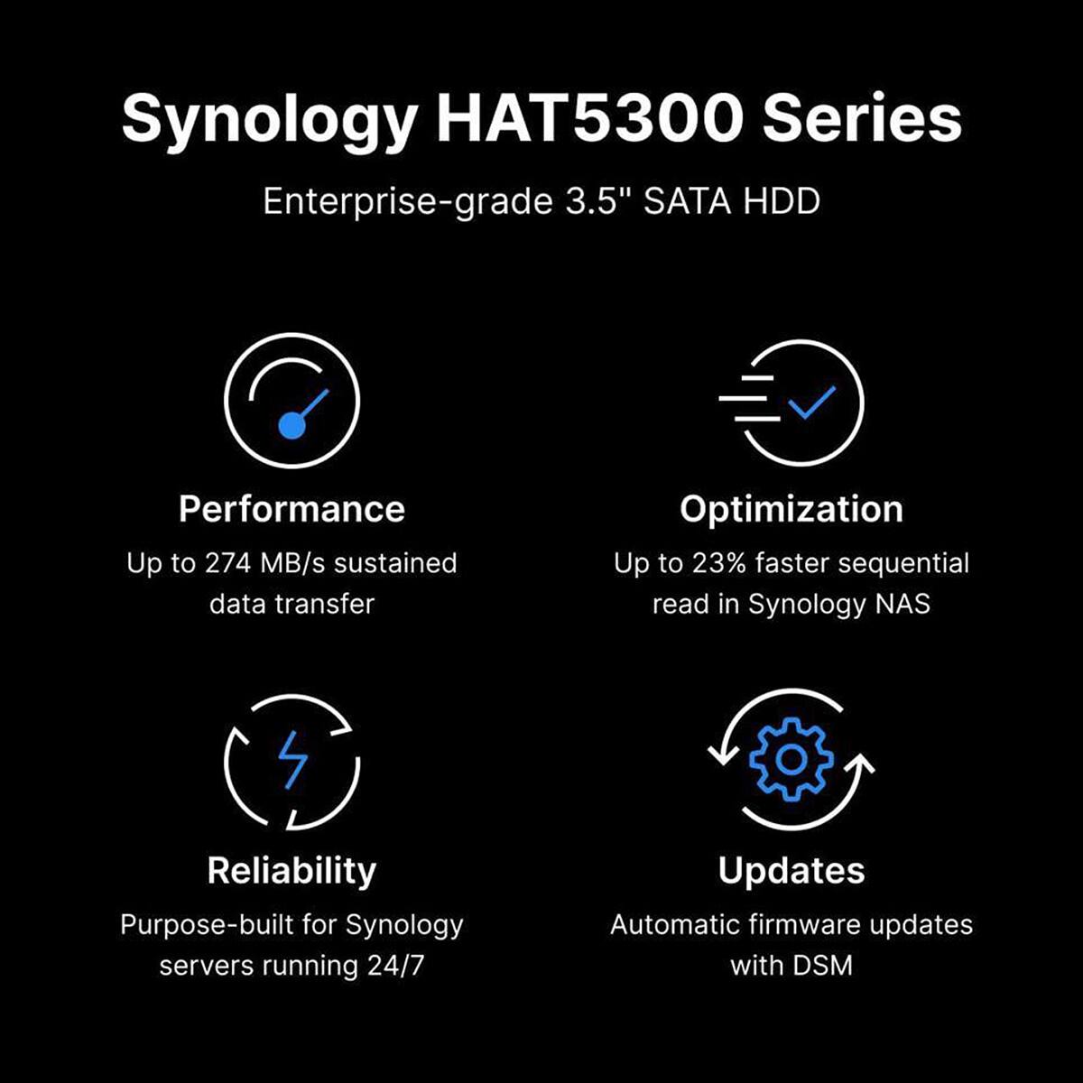 Synology HAT5300 Series  
Enterprise-grade 3.5" SATA HDD  

Performance  
Up to 274 MB/s sustained data transfer  

Optimization  
Up to 23% faster sequential read in Synology NAS  

Reliability  
Purpose-built for Synology servers running 24/7  

Updates  
Automatic firmware updates with DSM
