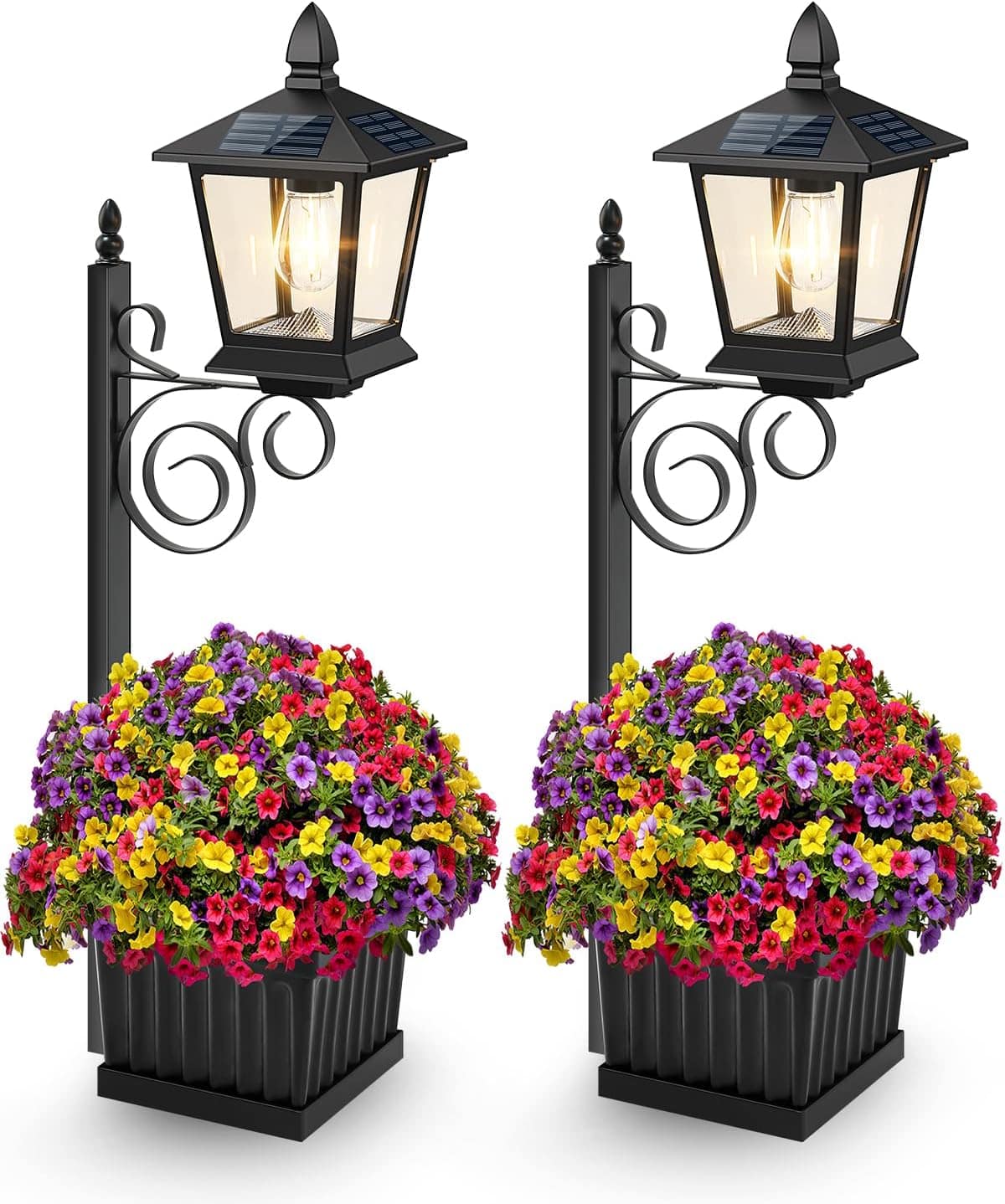 Nordic Hygge - 2-Pack Outdoor Flower Pots 2 in 1, Solar Lamp Post with Planter for Garden Decor - Black