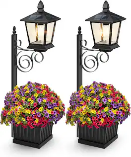 Nordic Hygge - 2-Pack Outdoor Flower Pots 2 in 1, Solar Lamp Post with Planter for Garden Decor - Black