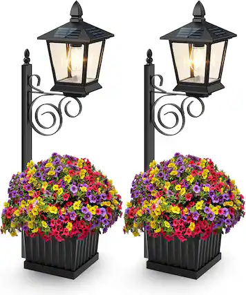 Front. Nordic Hygge - 2-Pack Outdoor Flower Pots 2 in 1, Solar Lamp Post with Planter for Garden Decor - Black.