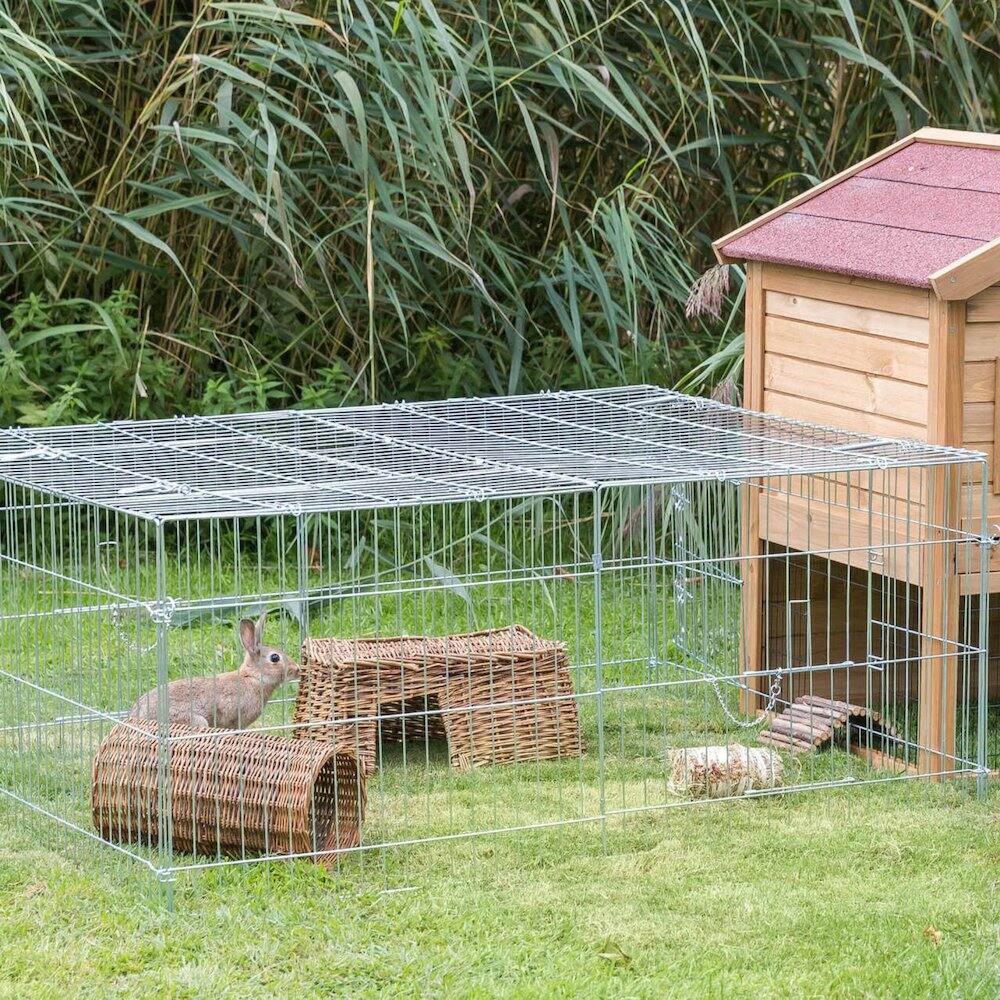 Left. TRIXIE - Enclosed Outdoor Ft. Galvanized Metal Animal Cage with 5 Doors - Silver.