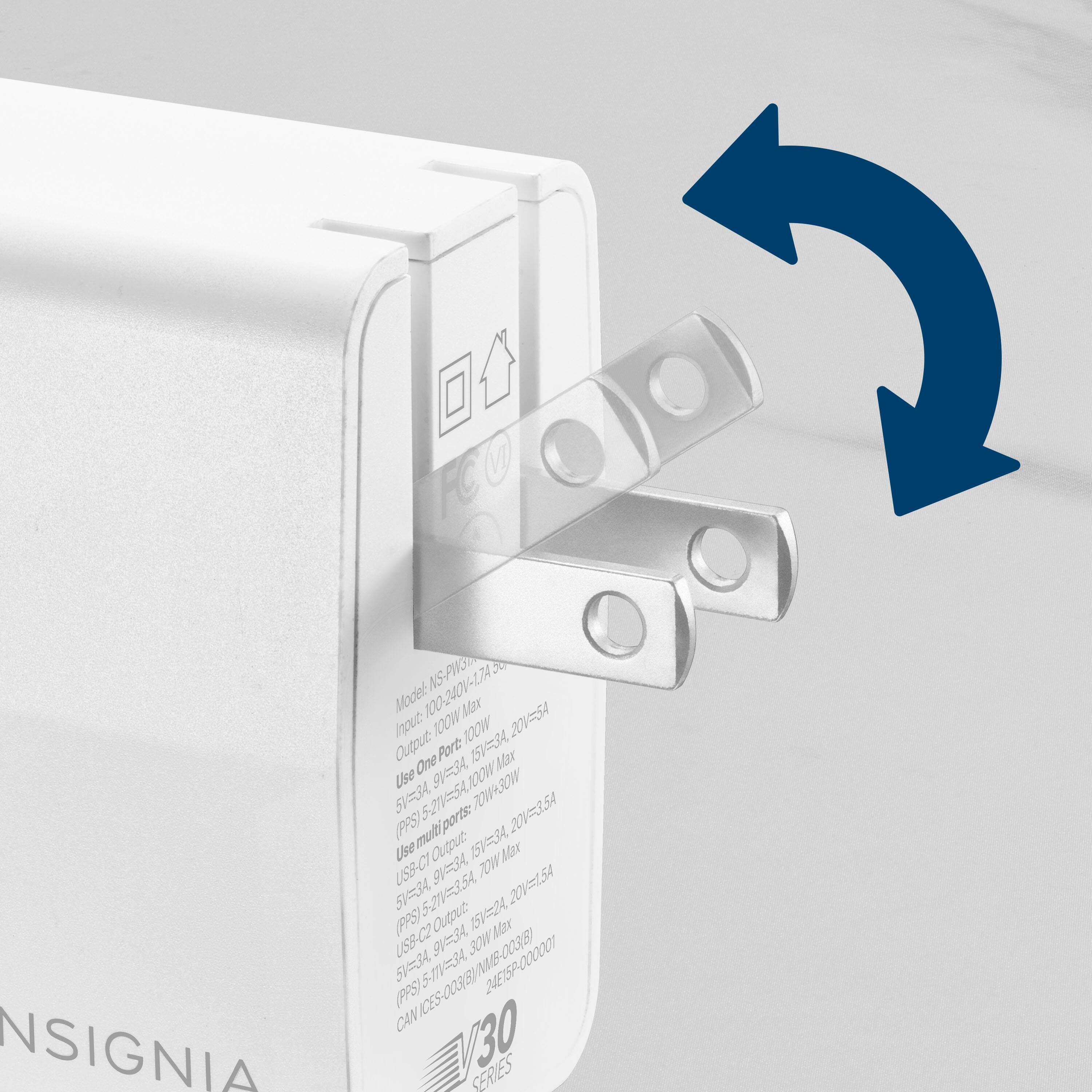 The text on the image reads: "Insignia NS-PWO 5 Model 100-240V-17A 5V=3.5A 20V-LSA (PPS) 5-21V=5A 2015 3.5A (FRS) ports: Use 7OW+30W (PFS) 5-21V=5A 2015 3.5A (FRS) Outout Mox USS-C2 WOC S0WMax (FPS) 5V34 ICES-003BVNS-003B) ICES-0038 5MV= 24EISP-000001 CAN V30 SERVIES."
