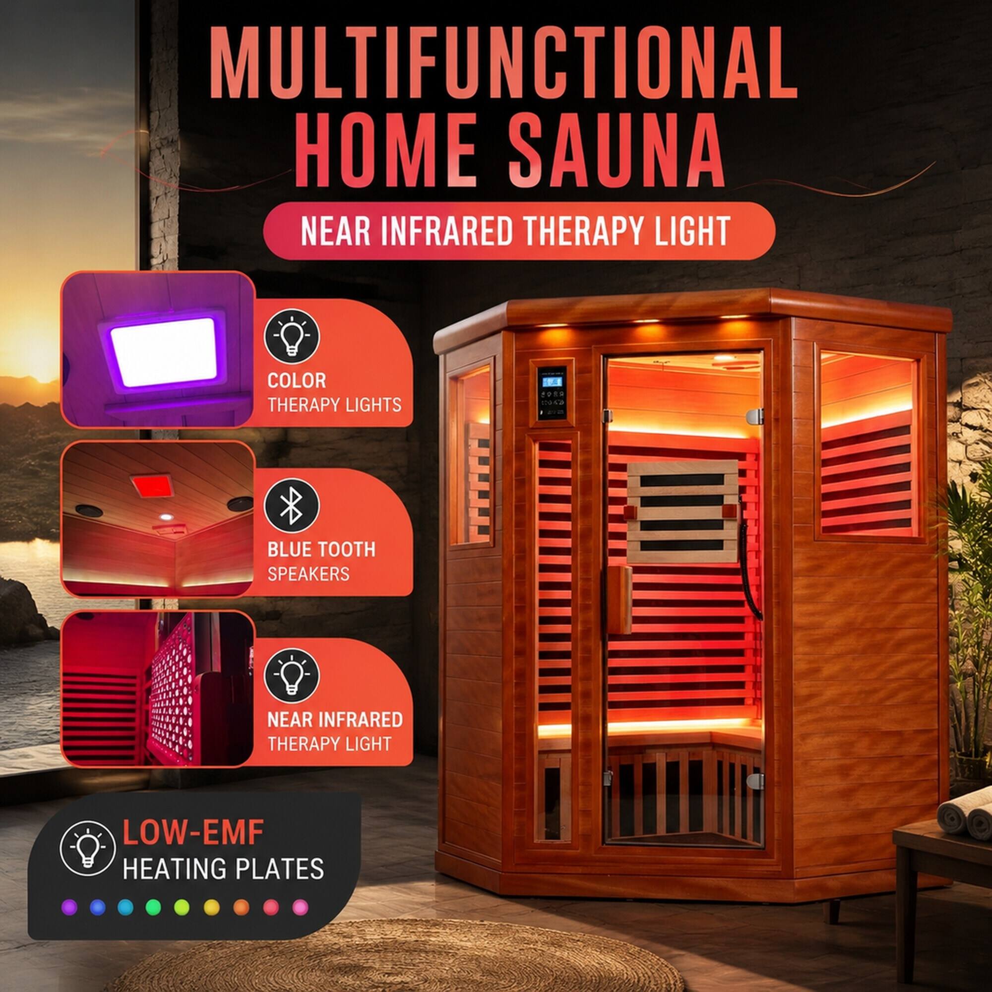 MULTIFUNCTIONAL HOME SAUNA  
NEAR INFRARED THERAPY LIGHT

- COLOR THERAPY LIGHTS
- BLUE TOOTH SPEAKERS
- NEAR INFRARED THERAPY LIGHT
- LOW-EMF HEATING PLATES