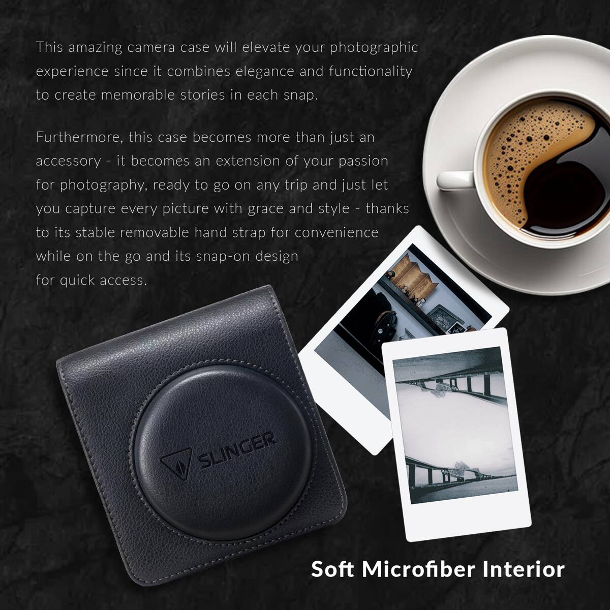 This amazing camera case will elevate your photographic experience since it combines elegance and functionality to create memorable stories in each snap. Furthermore, this case becomes more than just an accessory - it becomes an extension of your passion for photography, ready to go on any trip and just let you capture every picture with grace and style - thanks to its stable removable hand strap for convenience while on the go and its snap-on design for quick access. SLINGER Soft Microfiber Interior