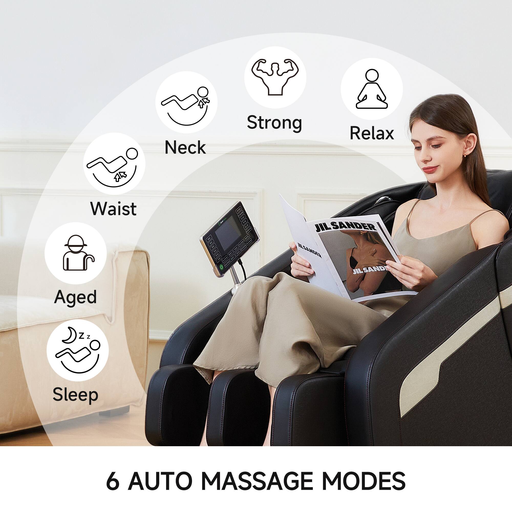 6 AUTO MASSAGE MODES

- Neck
- Strong
- Relax
- Waist
- Aged
- Sleep