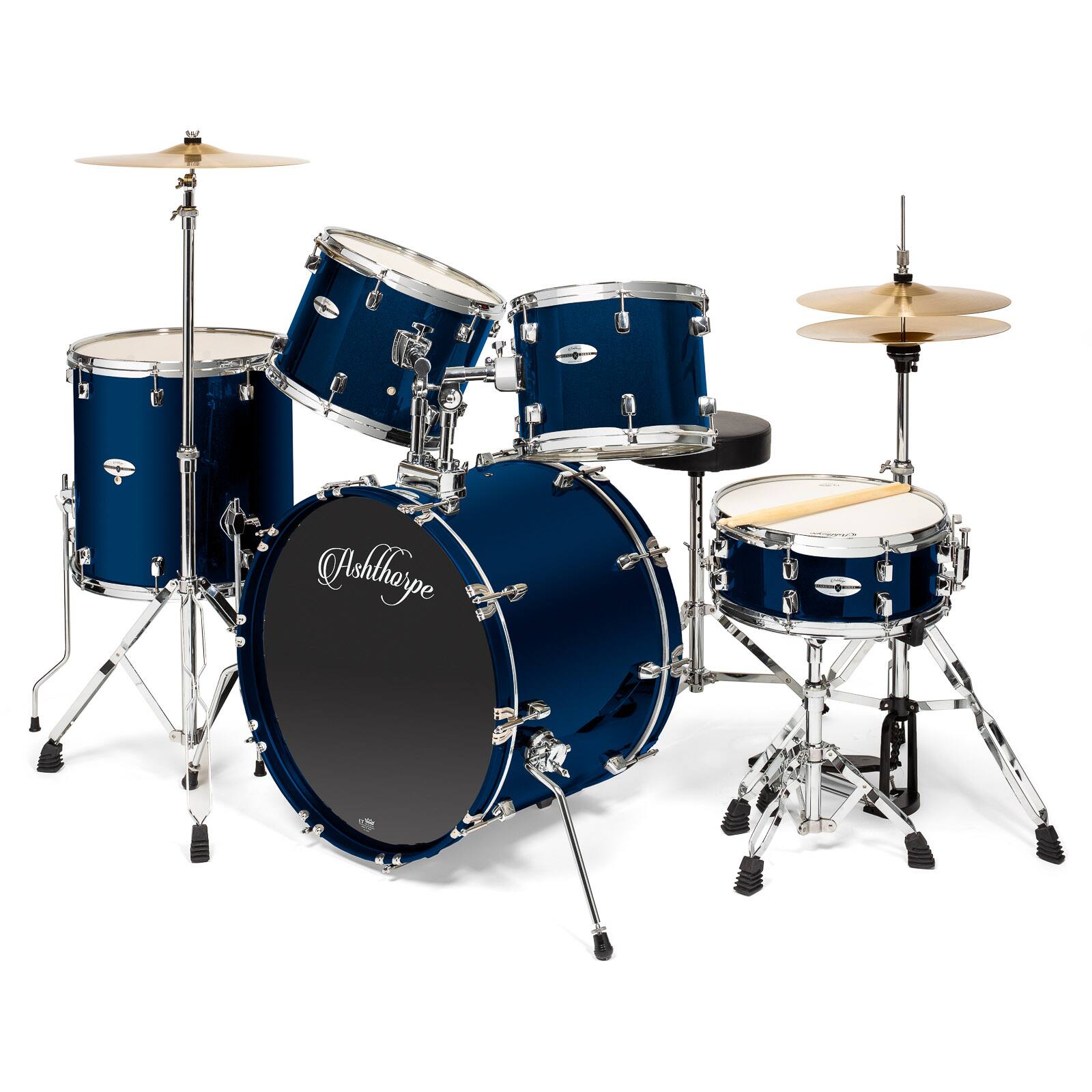 Front. Ashthorpe - Adult Drum Set with Remo Heads and Brass Cymbals (Set of 5) - Blue.