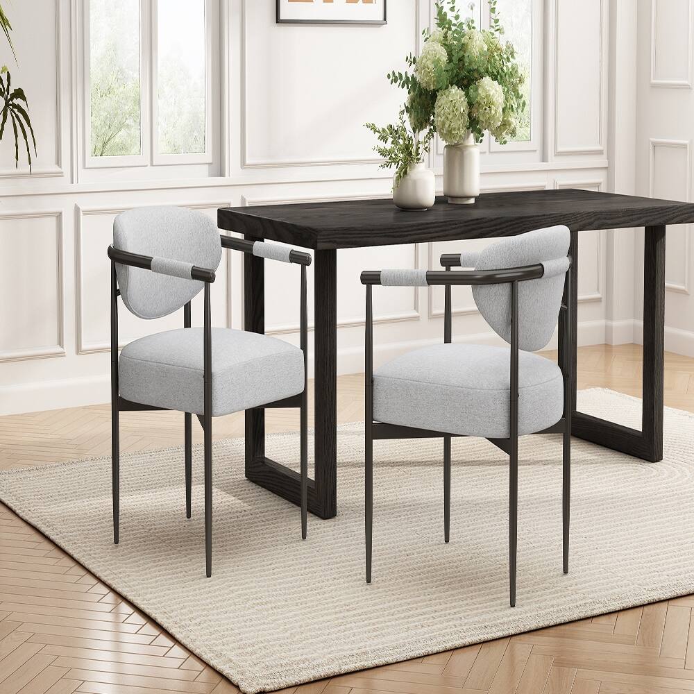 Back. Loheer - Loheer Modern Dining Chairs Set of 2 Upholstered Beige Armchairs with Bronze Iron Frame Kitchen Accent Chairs - Beige.
