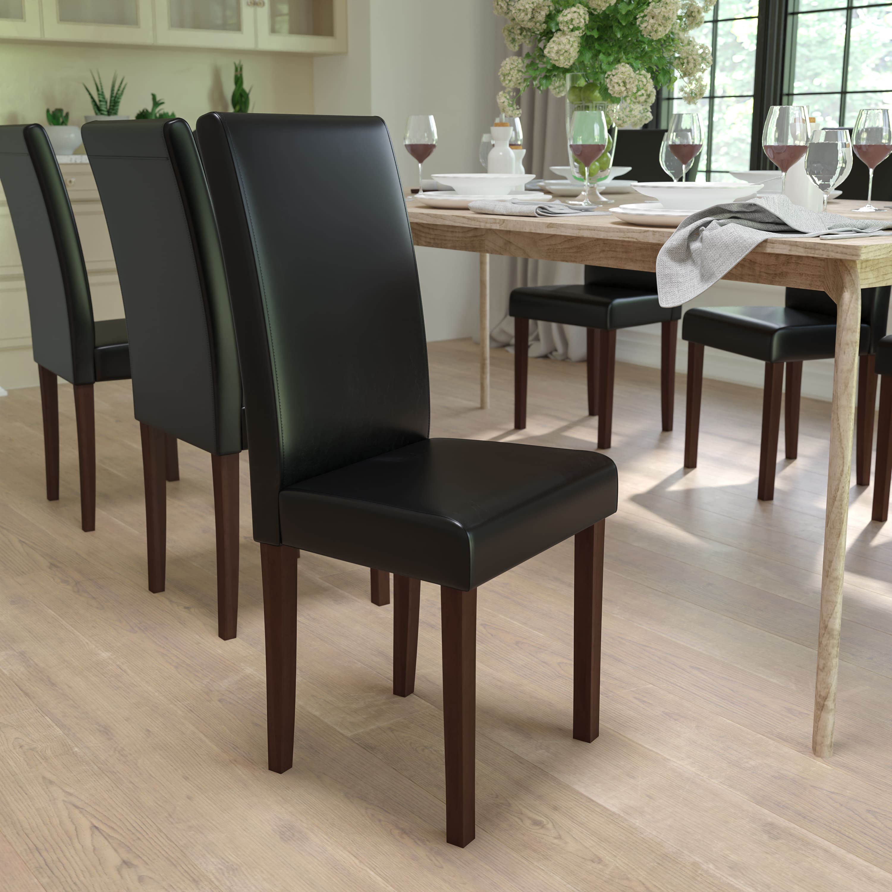 Emma + Oliver - Two Mid-Century Parson's Chairs and Finished Hardwood Frame for Kitchen, Dining Room & More - Black LeatherSoft