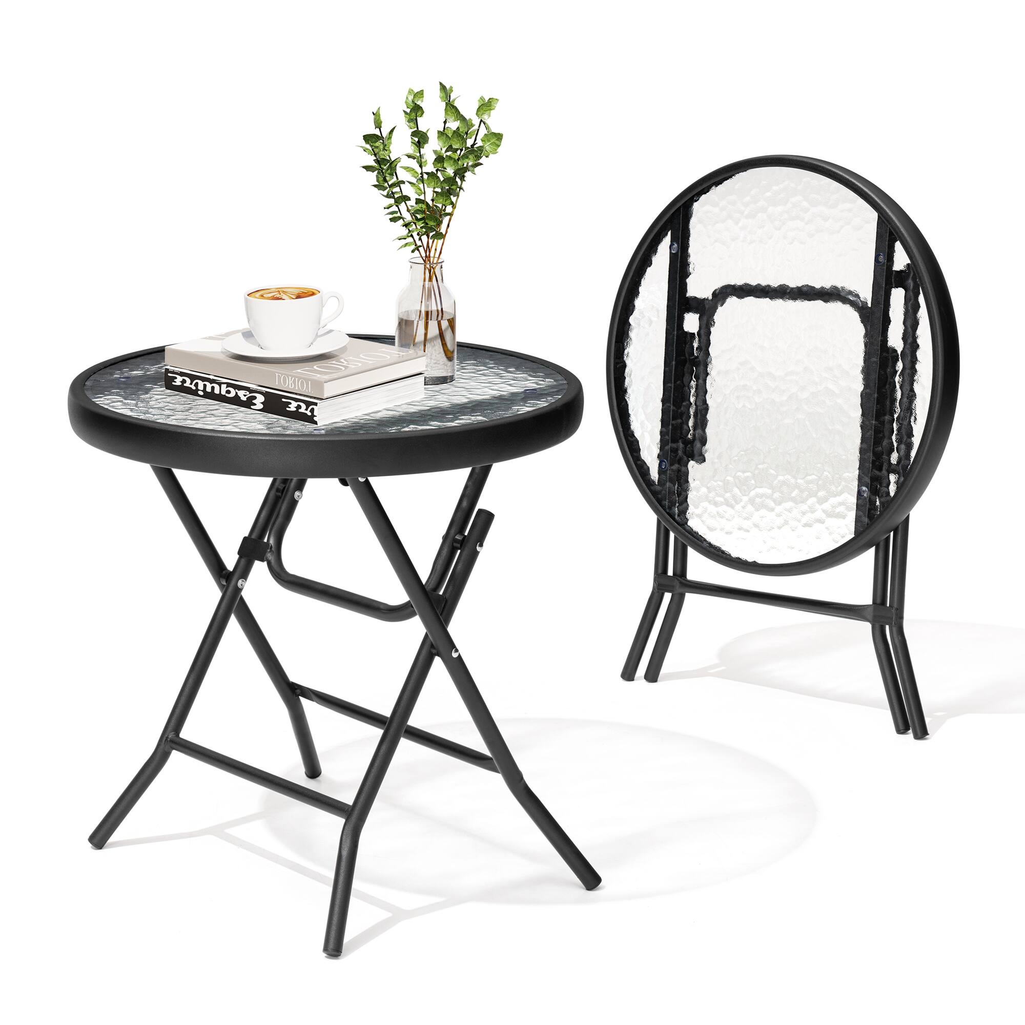 Crestlive Products - 18-inch Outdoor Foldable Round Side Table Set with Tempered Glass Top - Black