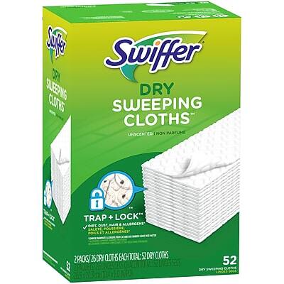 Swiffer  
DRY SWEEPING CLOTHS  
UNSCENTED | NON PARFUME  

TRAP + LOCK  
DUST, DIRT, HAIR, ALLERGENS  

2 PACKS / 25 DRY CLOTHS EACH  
TOTAL: 52 DRY CLOTHS  

52 DRY SWEEPING CLOTHS