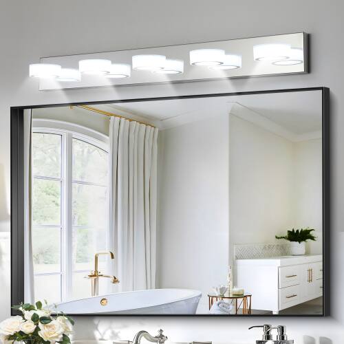 Angle. LUCKY ONE - 37in Wall Mount LED Vanity Light, 5-Light Chrome Bathroom Fixture with Acrylic Shades, Dimmable - Chrome.