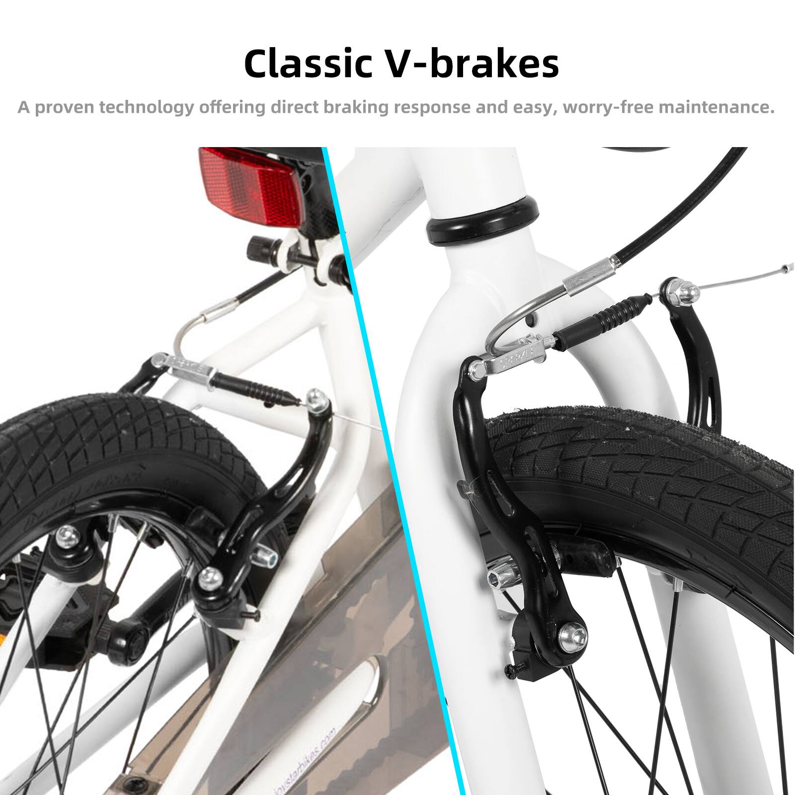 Classic V-brakes  
A proven technology offering direct braking response and easy, worry-free maintenance.