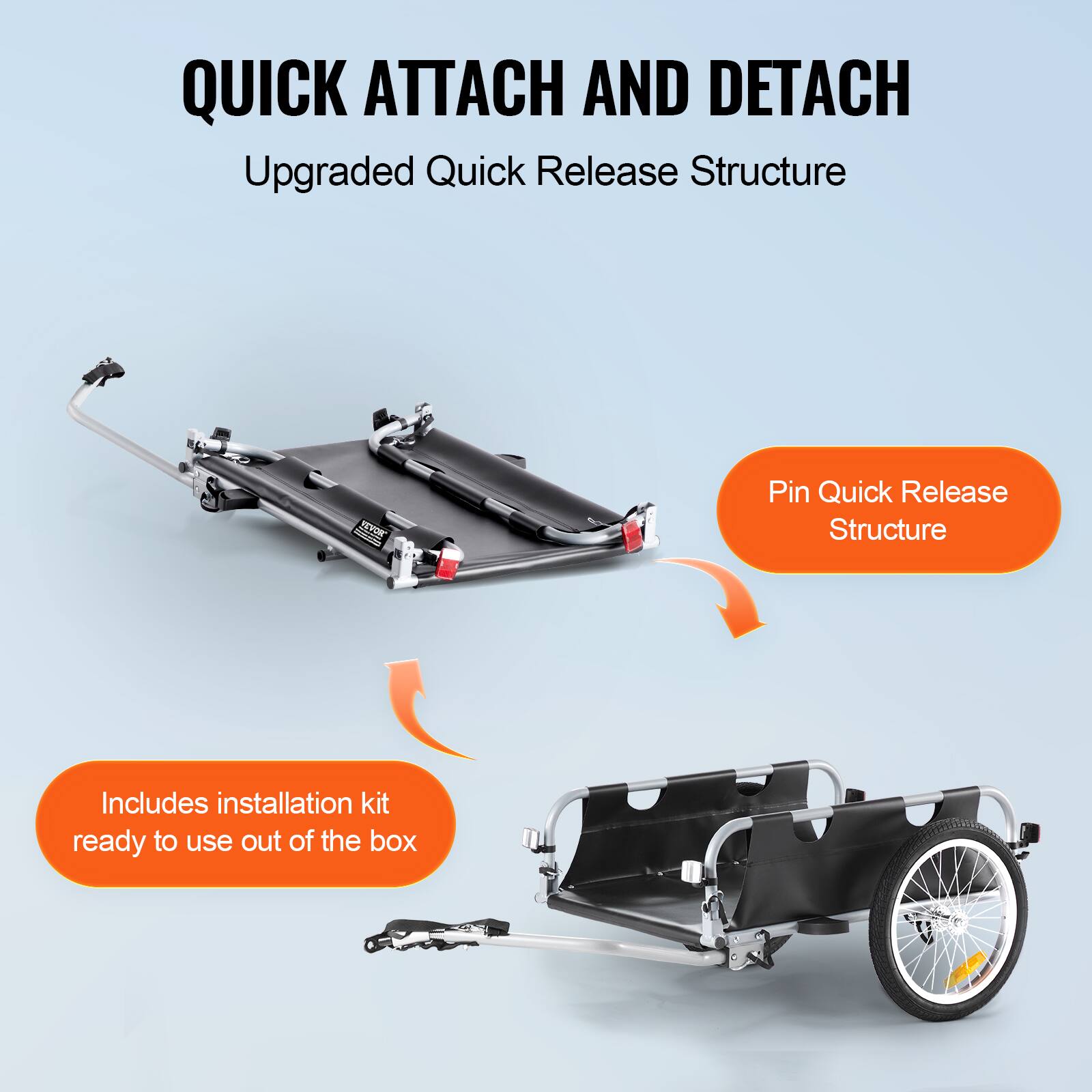 QUICK ATTACH AND DETACH  
Upgraded Quick Release Structure  

Pin Quick Release Structure  

Includes installation kit ready to use out of the box