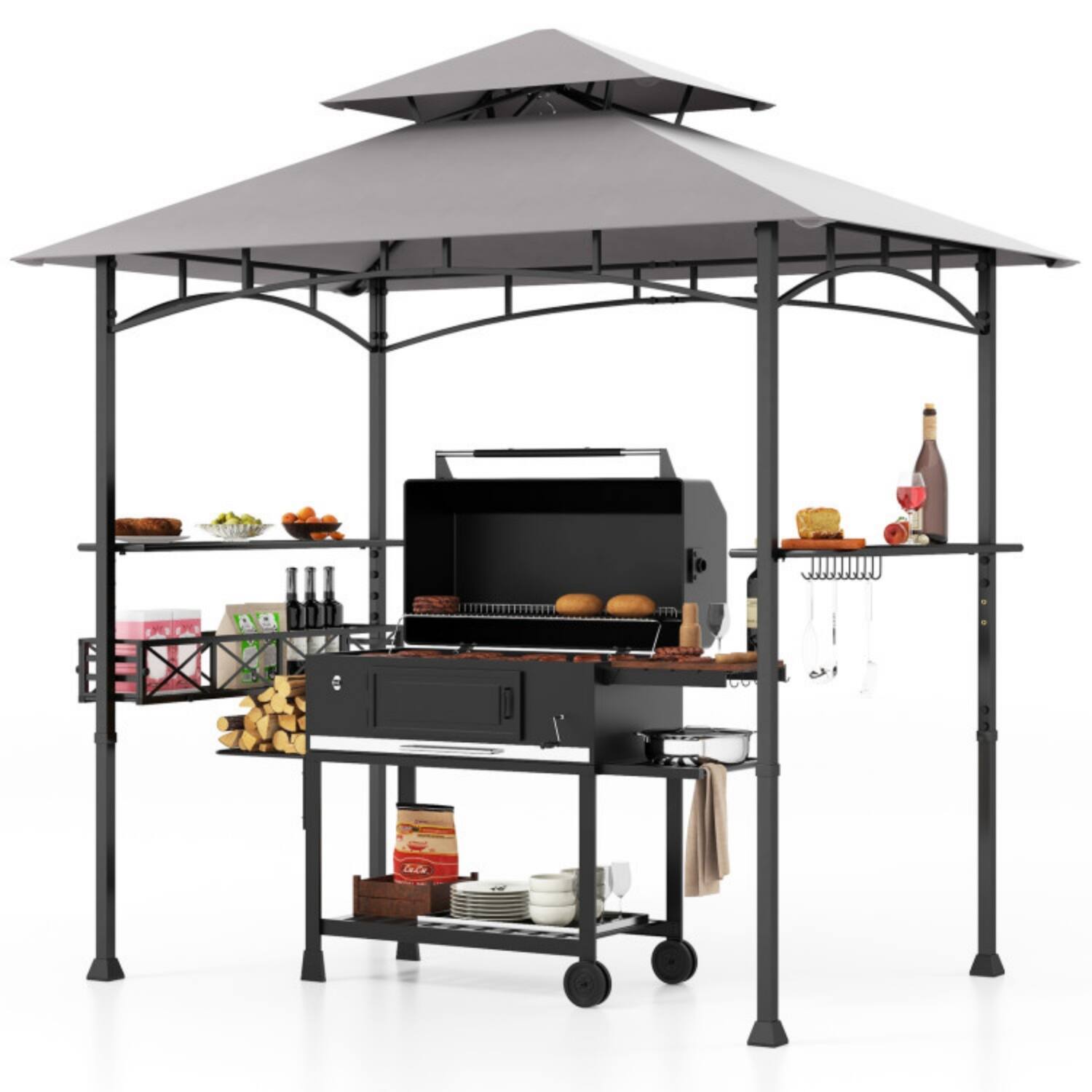 Alt View 3. Mondawe - 8 x 5 FT Freestanding Grill Gazebo with 2 Shelves and 10 Hooks - Grey+Black.
