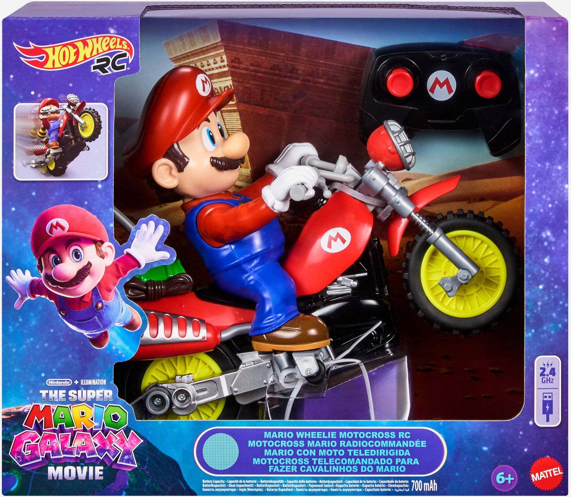 HOLWheels RC  
MARIO WHEELIE MOTOCROSS RC  
MARIO RADIOCOMMANDÉE  
MARIO CON MOTO TELEDIRIGIDA  
MOTOCROSS TELECOMANDADO PARA FAZER CAVALINHOS DO MARIO  

Nintendo + ILLUMINATION  
THE SUPER MARIO GALAXY MOVIE  

Batteries: 2 x 700 mAh  
2.4 GHz  

MATTEL  

6+