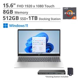 HP - 15.6" FHD Touch Laptop,AMD Ryzen 5 7520U,Intel UHD Graphics,8GB RAM,512GB SSD+1TB Docking Station,Win 11 Home - Silver