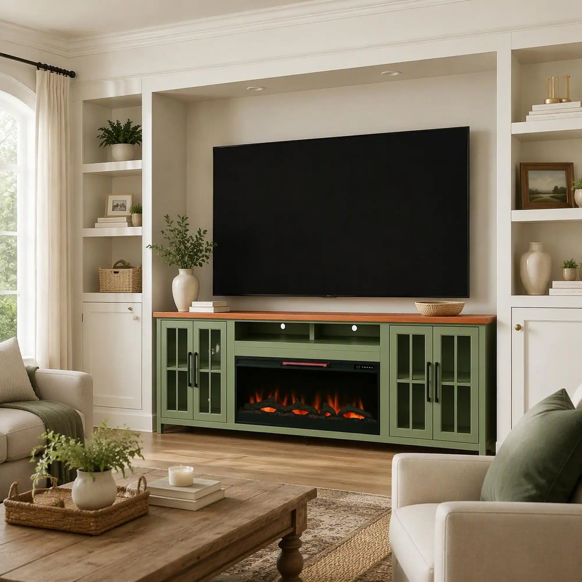 Front. RYHNUYNE - 97 Inch Vineyard Farmhouse Fireplace TV Stand, Fits Up To 100 Inch TVs For Rustic Living Room Media Storage Decor - Green.