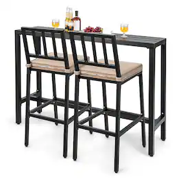 Costway - 3PCS Patio Dining Table Set Metal Bar Table & Chairs Set with Cushion - Black,Beige