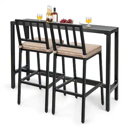 Front. Costway - Costway 3PCS Patio Dining Table Set Metal Bar Table & Chairs Set with Cushion - Black,Beige.