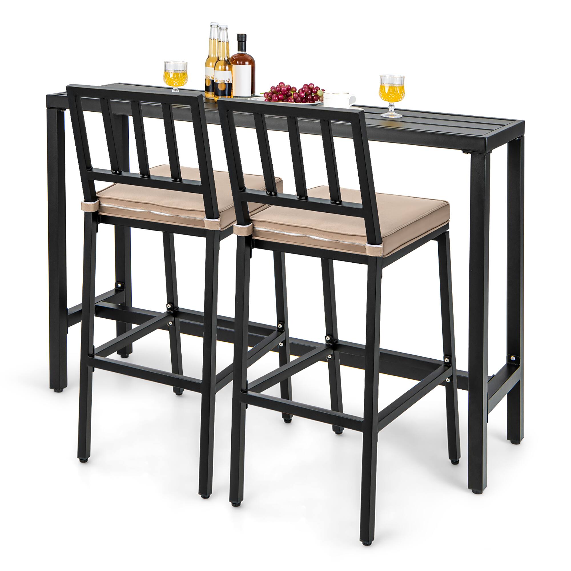 Front. Costway - Costway 3PCS Patio Dining Table Set Metal Bar Table & Chairs Set with Cushion - Black,Beige.