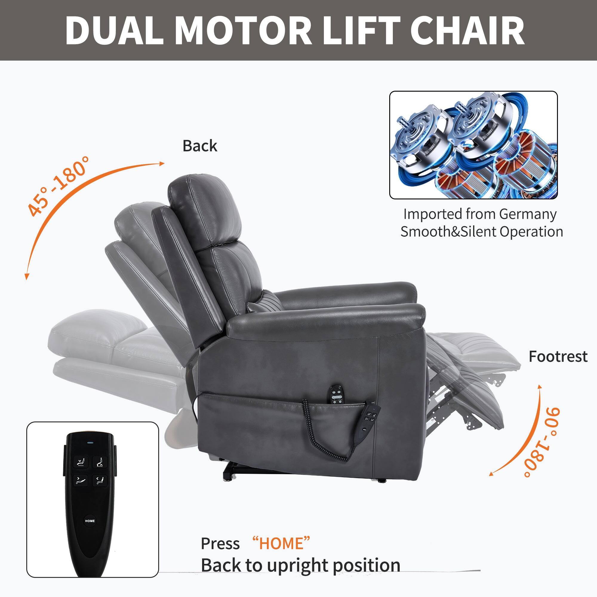 DUAL MOTOR LIFT CHAIR

- Back: 45°-180°
- Footrest: 0°-180°

Imported from Germany
Smooth & Silent Operation

Press "HOME" Back to upright position
