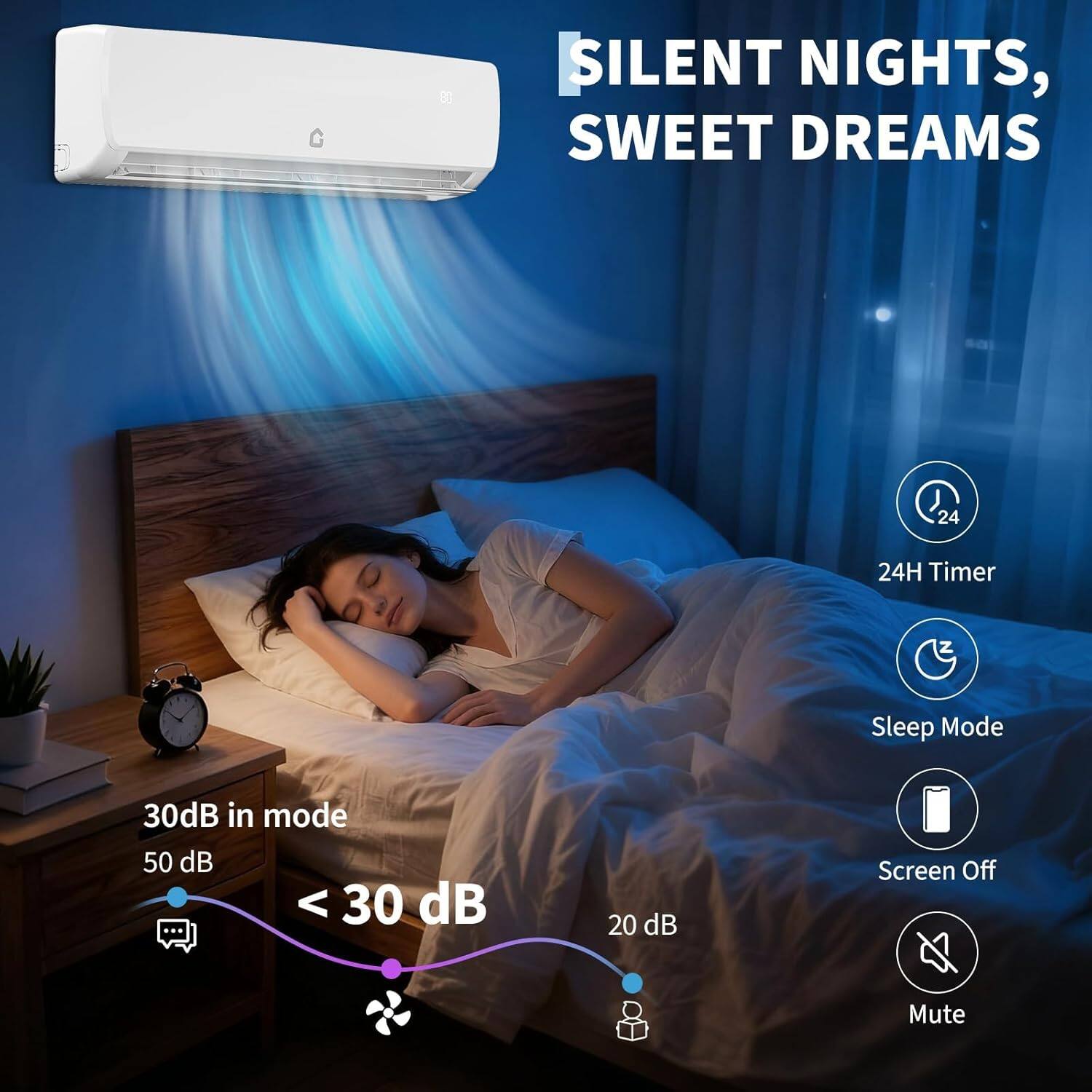 SILENT NIGHTS, SWEET DREAMS

C2A 24H Timer
Sleep Mode
Screen Off
Mute

30dB in mode
50 dB
< 30 dB
20 dB