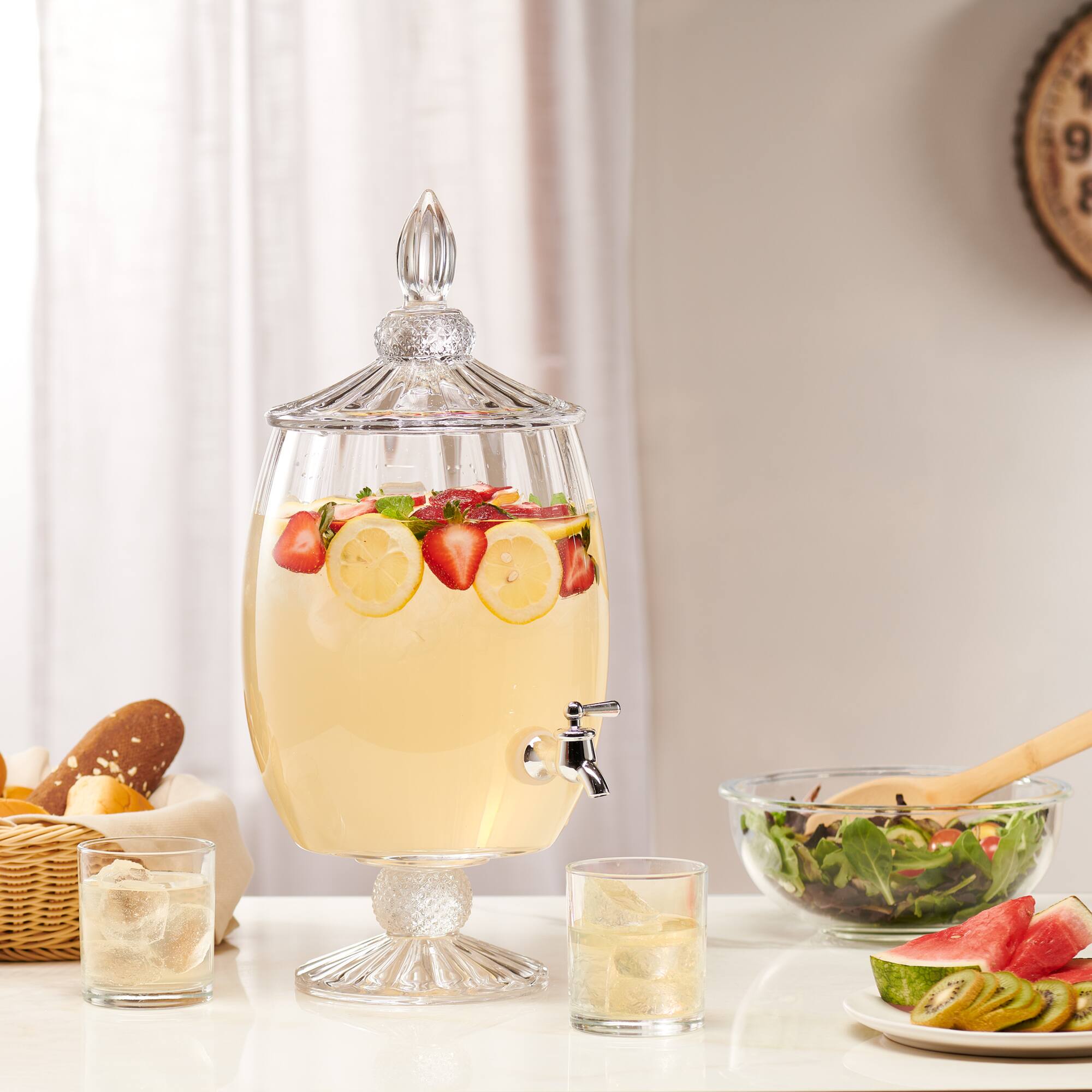 Left. Jay Import - Madison Optic Glass Beverage Dispenser – 1.7 Gallon (217.6 oz) - Clear.