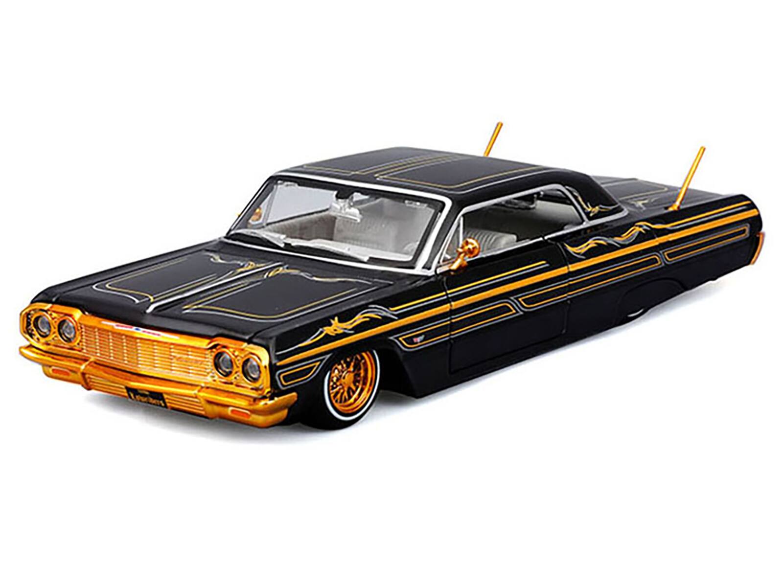 Alt View 4. Maisto - 1964 Chevrolet Impala SS Lowrider Black Metallic with Gold Graphics and Gray Interior 1/26 Die Cast Model Car by Maisto.
