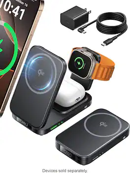 INIU - Magnetic 3-IN-1 Wireless Charger, Qi2 15W Foldable MagSafe Compatible Charging Station, for iPhone/Apple Watch/AirPods - Black