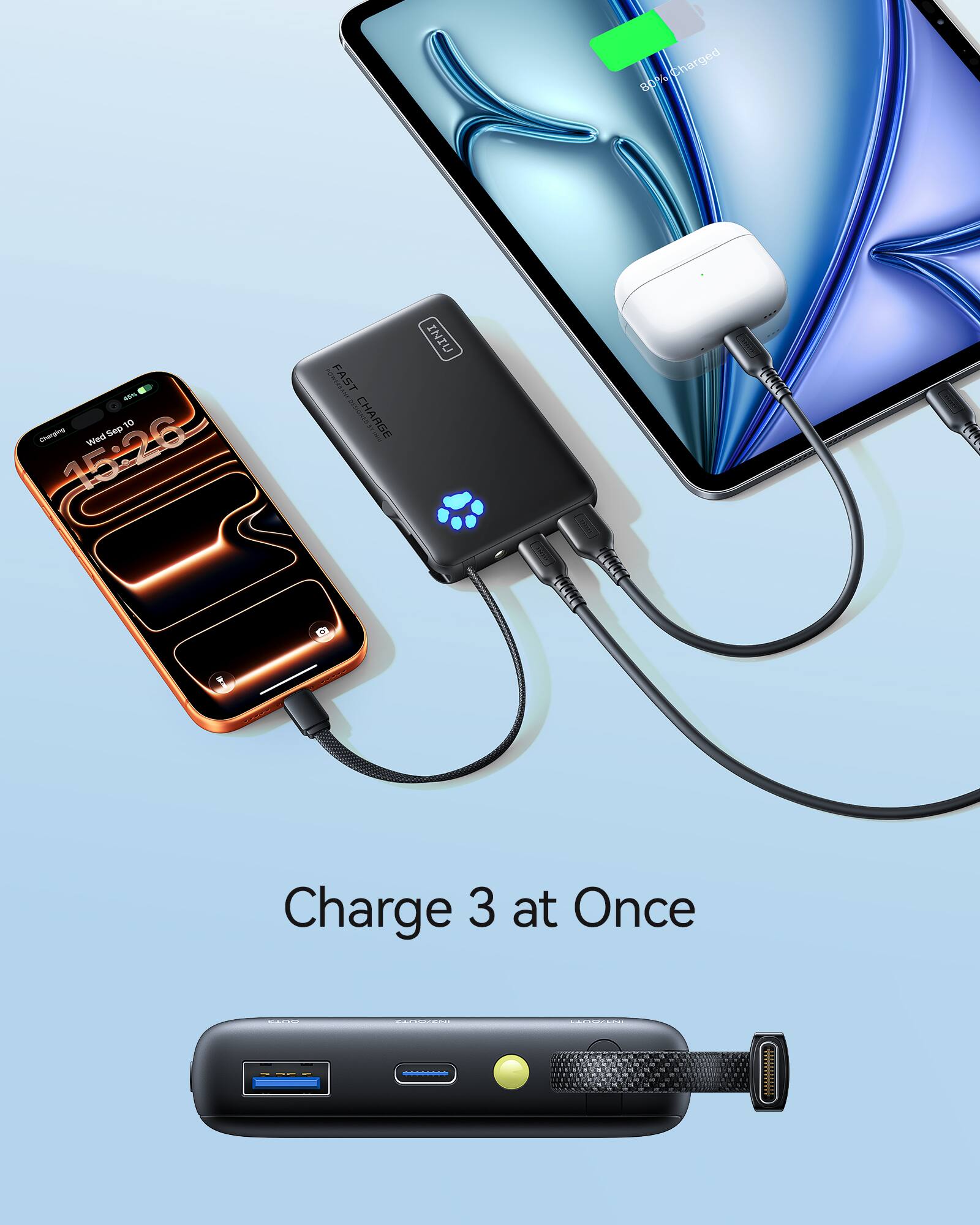 80% Charged  
Wed 15:26  
FAST CHARGE  
Charge 3 at Once