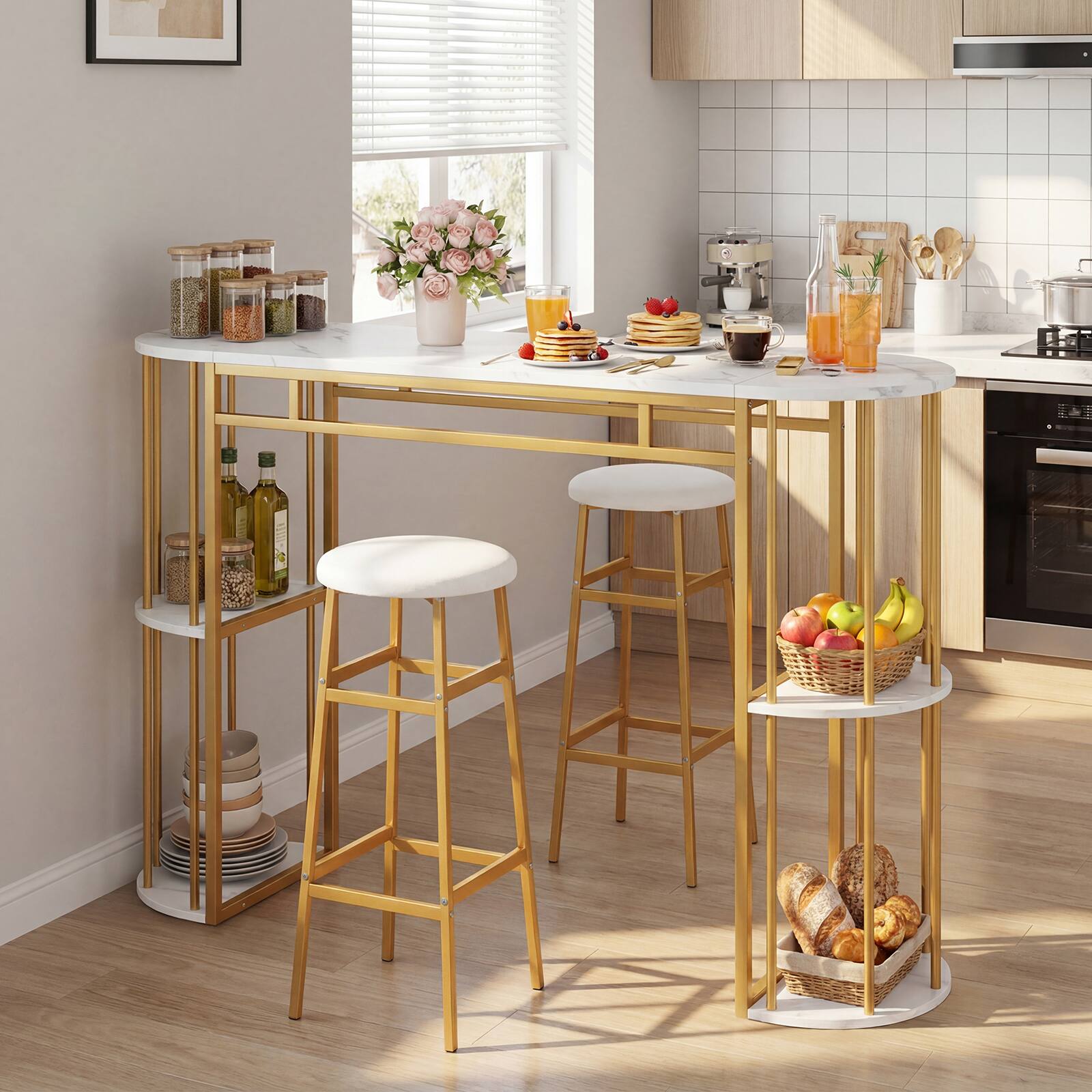 Alt View 4. Gymax - Gymax 3 Pieces 60'' Bar Table Set for 2 w/ Faux Marble Tabletop & Storage Shelves - Golden.