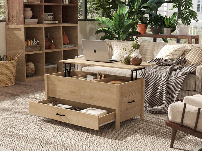 Alt View 1. Bestier - Lift-Top Coffee Table with Hidden Storage, 3 Drawers, Spacious Countertop and Sturdy Wood Legs - wooden.