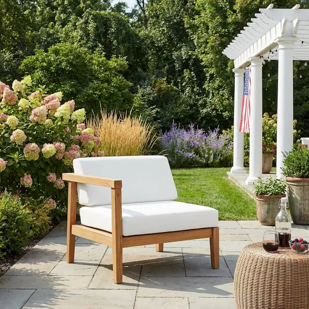 Left. Outdoor Escape - Outdoor Teak Wood Left-Arm Lounge Chair With Durable Construction - White.