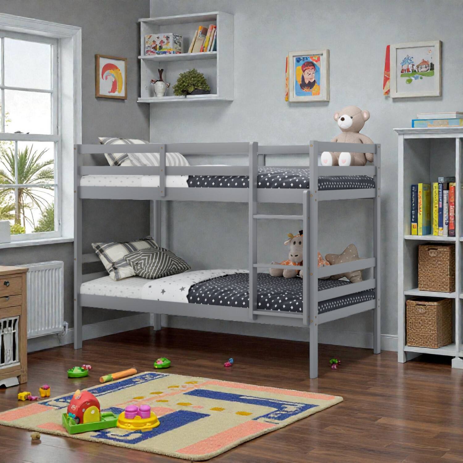 Hivvago - Safe and Strong Twin Wooden Bunk Beds with Ladder - Gray