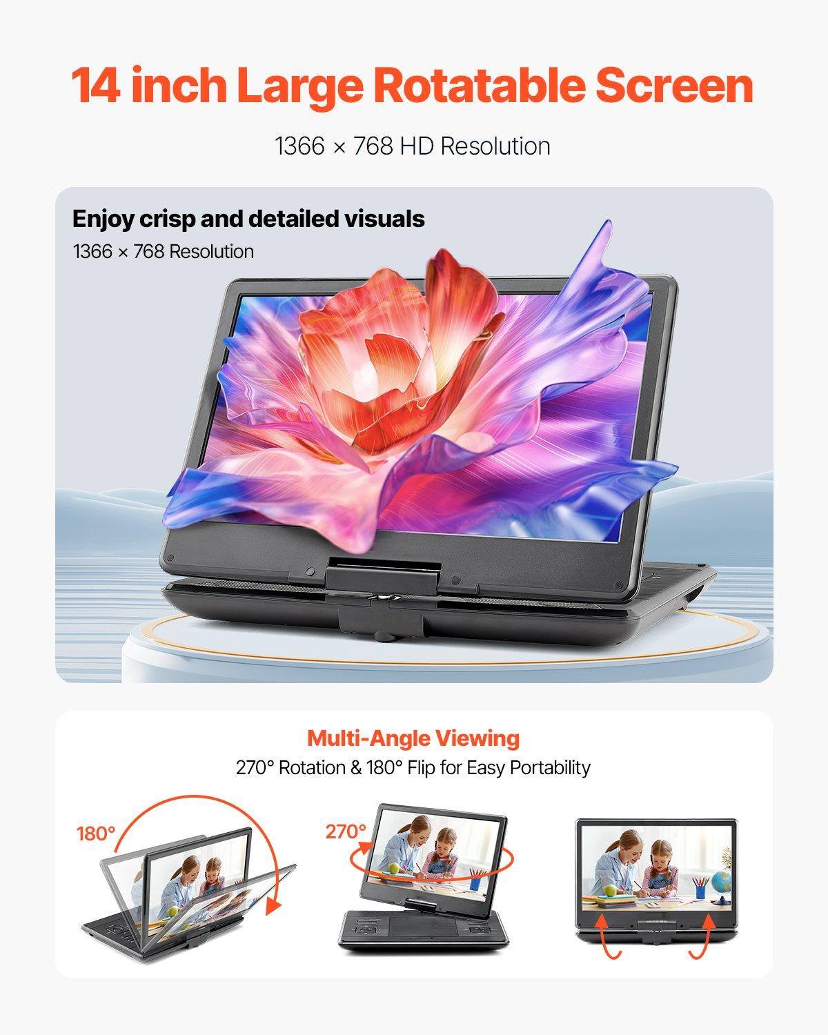 14 inch Large Rotatable Screen  
1366 x 768 HD Resolution  

Enjoy crisp and detailed visuals  
1366 x 768 Resolution  

Multi-Angle Viewing  
270° Rotation & 180° Flip for Easy Portability