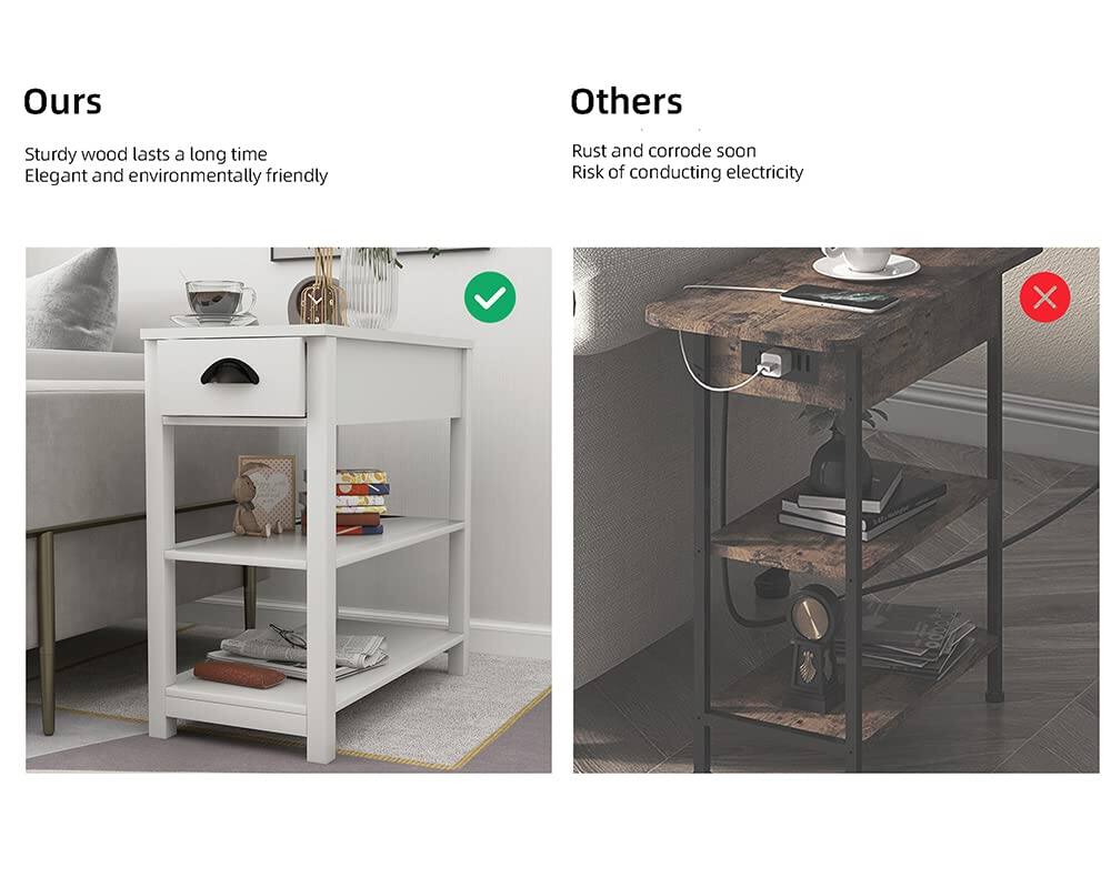 **Ours**

- Sturdy wood lasts a long time
- Elegant and environmentally friendly

**Others**

- Rust and corrode soon
- Risk of conducting electricity