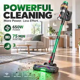 JELLYPIG - Cordless Stick Vacuum Cleaner 65KPA 650W Brushless, 75Min Runtime, Smart LED Touchscreen,for Pet Hair Carpet - Green