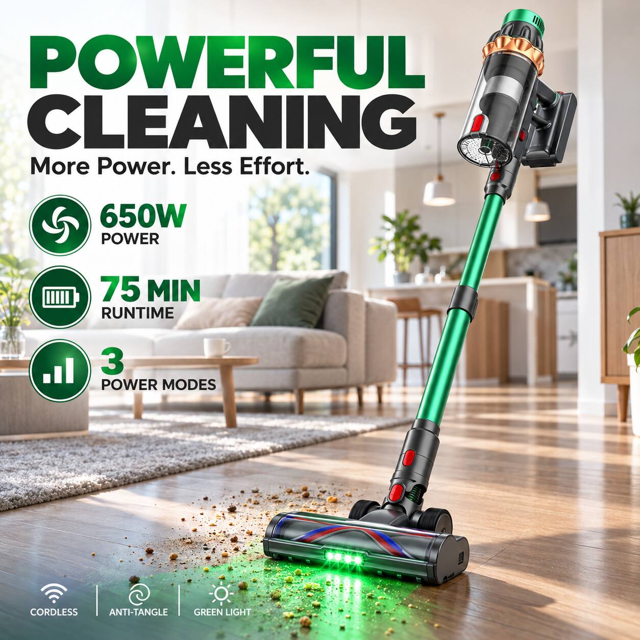POWERFUL CLEANING  
More Power. Less Effort.  

650W POWER  
75 MIN RUNTIME  
3 POWER MODES  

CORDLESS  
ANTI-TANGLE  
GREEN LIGHT