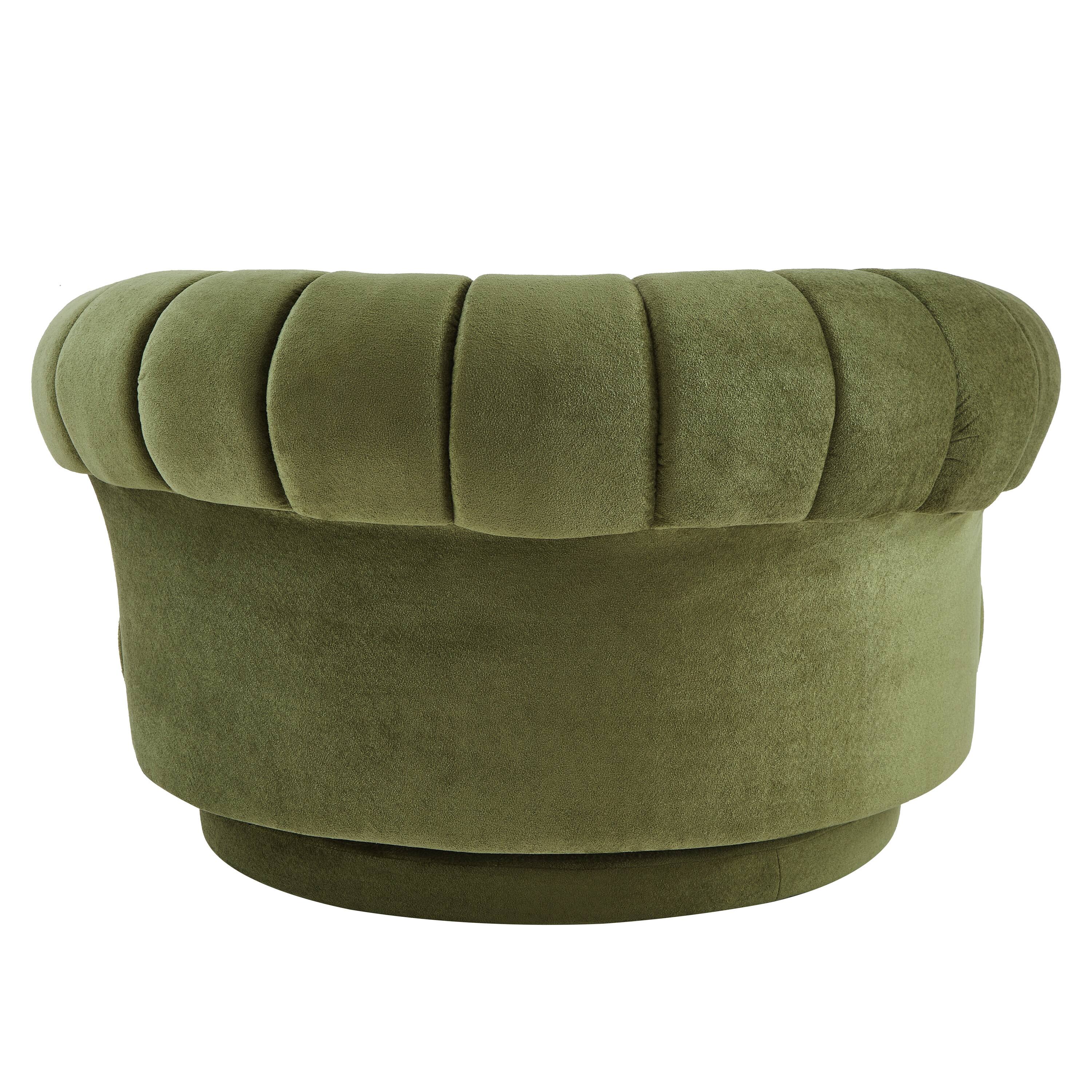 Left. Whisen - 45.9" Oversized Round Swivel Sofa Accent Chair with Tufted Back and Chenille Upholstery - Green.