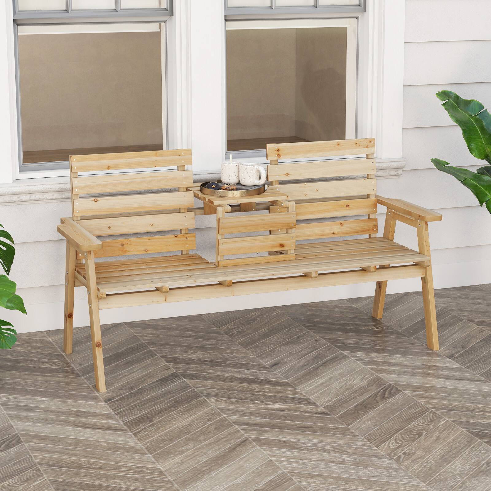 Alt View 1. Gymax - Gymax Outdoor Fir Wood Bench w/ Foldable Middle Table w/ Backrest & Armrests - Natural.