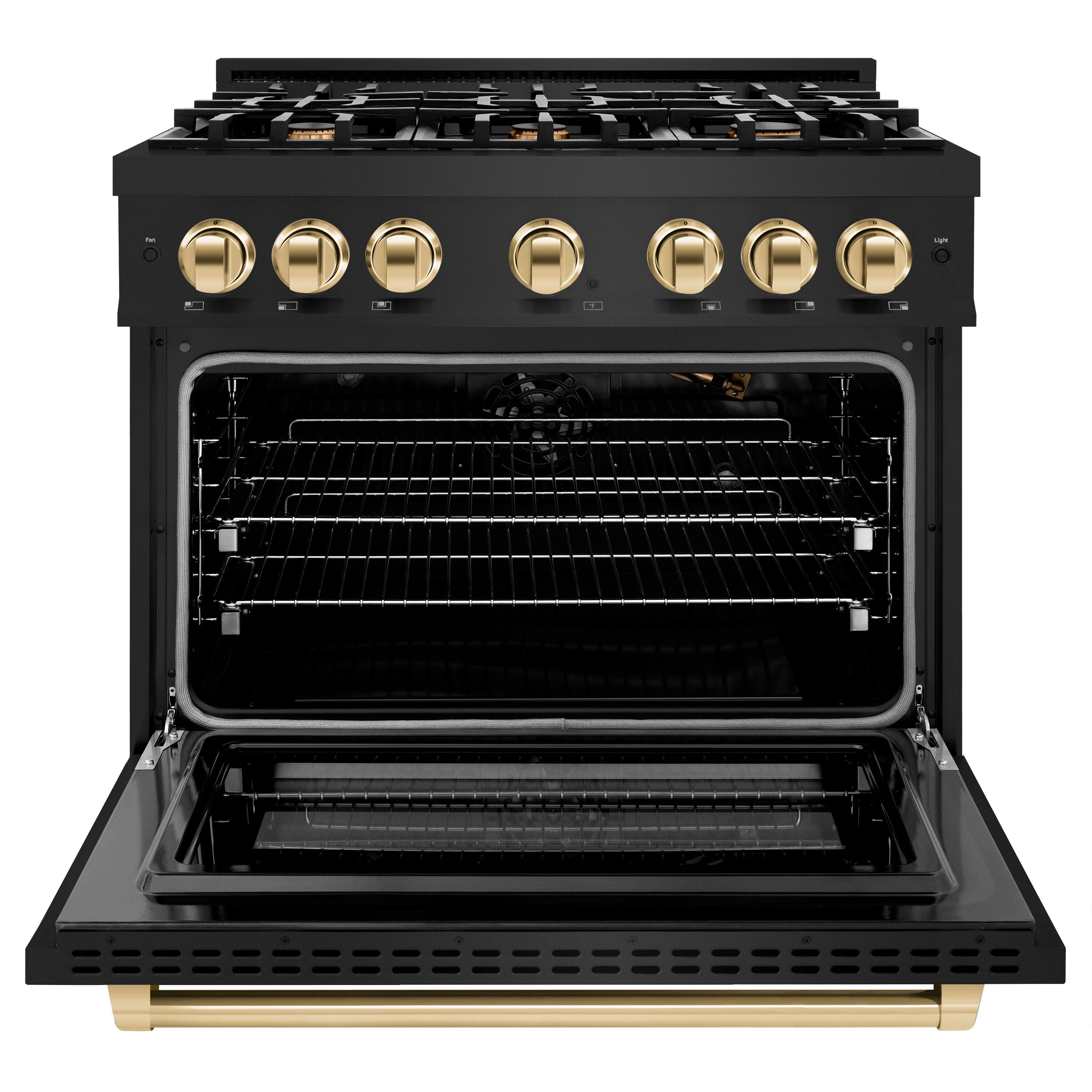 Left. ZLINE - ZLINE Autograph 36 in. 5.2 cu. ft. Freestanding Select Black Stainless Gas Range w/ 6 Burners & Gold Accents - Black Stainless Steel.
