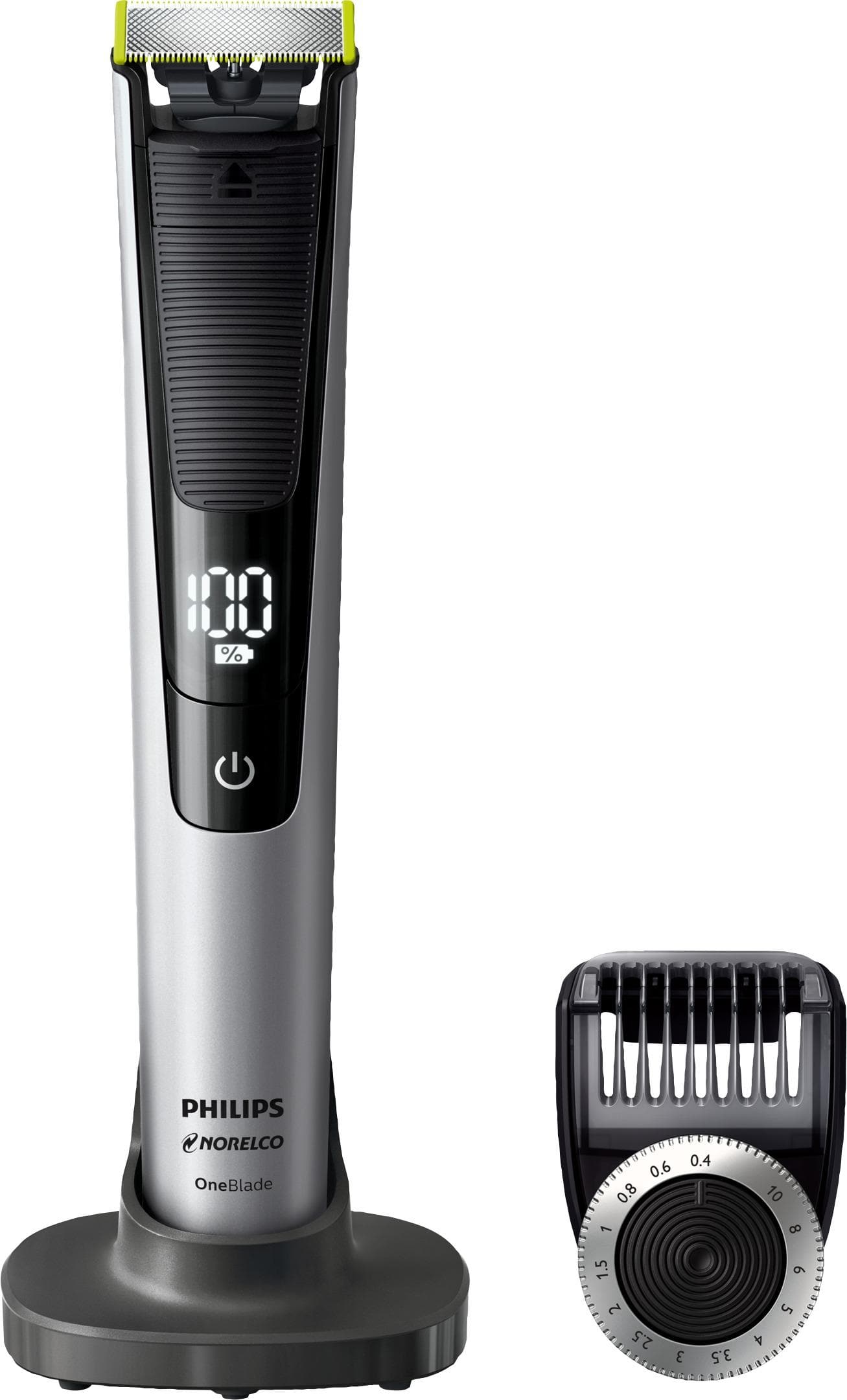 Angle. Philips Norelco - Philips Norelco OneBlade Pro hybrid electric trimmer and shaver, QP6520/70 (14 length comb) - Silver And Black.