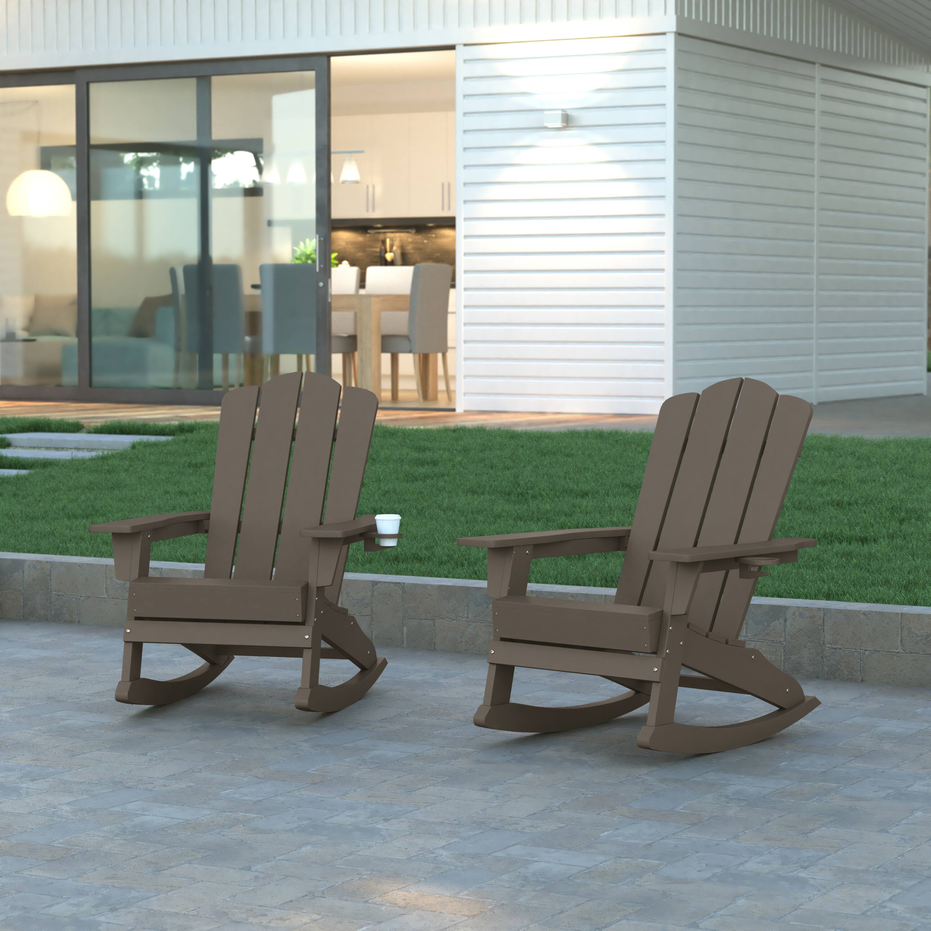 Alt View 2. Emma + Oliver - Tiverton Set of 2 Adirondack Rocking Chairs with Cup Holders, Weather Resistant HDPE Adirondack Rocking Chairs - Brown.