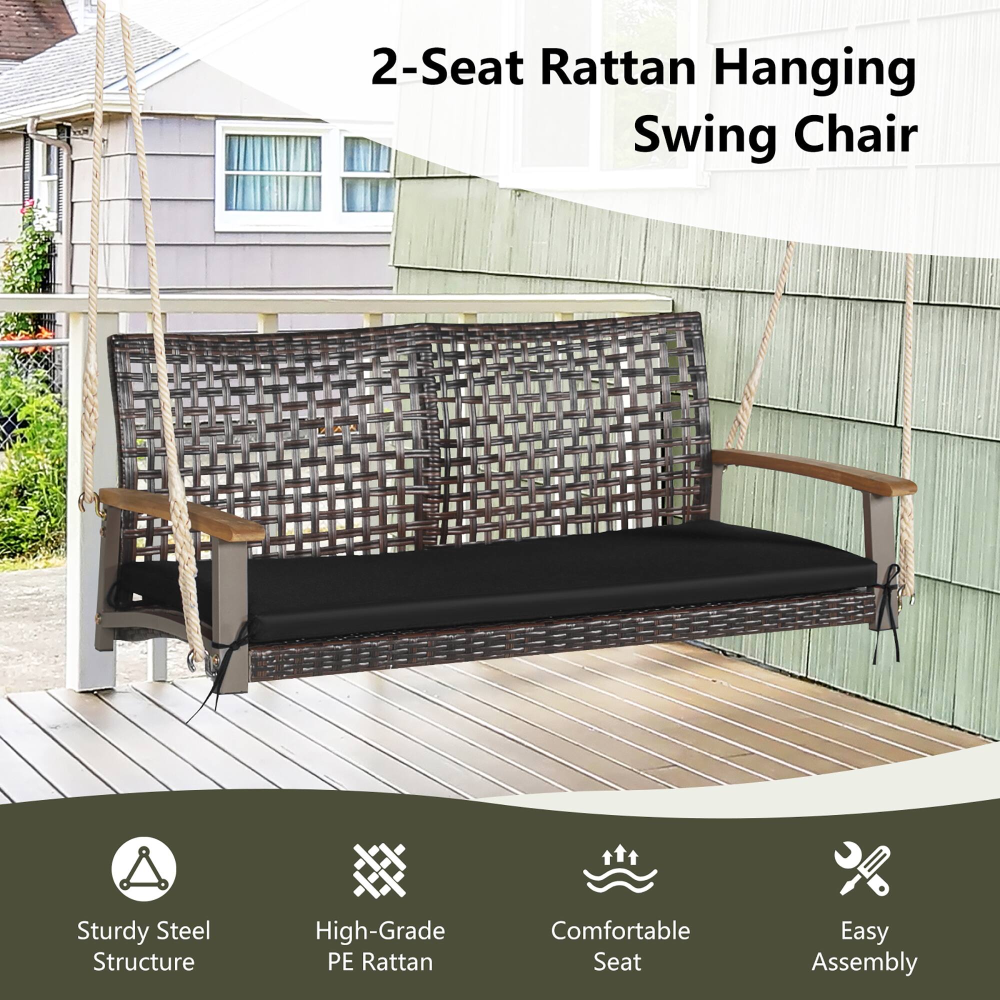 2-Seat Rattan Hanging Swing Chair

- Sturdy Steel Structure
- High-Grade PE Rattan
- Comfortable Seat
- Easy Assembly