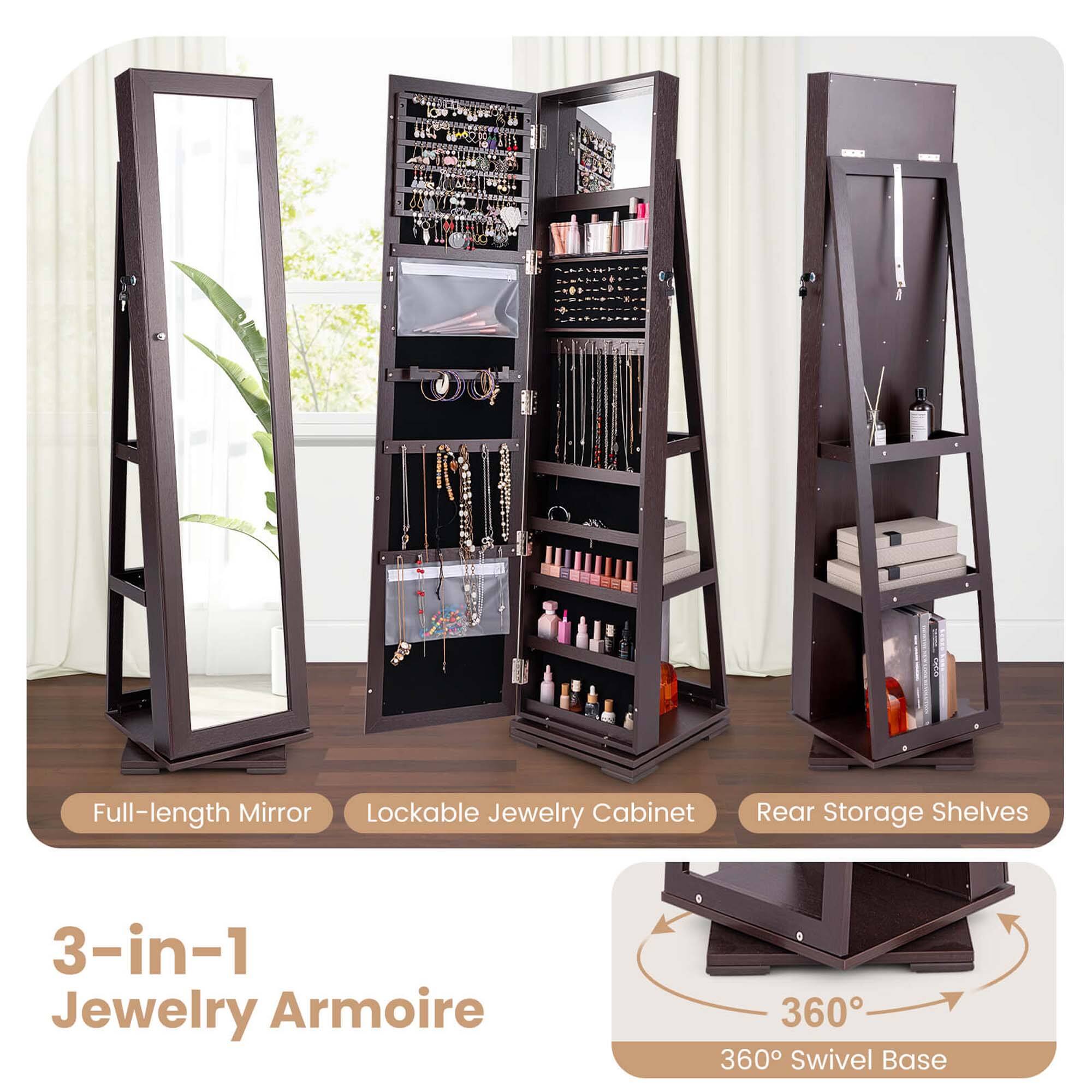 The image features a 3-in-1 jewelry armoire with a full-length mirror, lockable jewelry cabinet, and rear storage shelves. The armoire is designed to provide a convenient and organized space for storing and displaying jewelry and other accessories. The mirror allows for easy viewing of the items, while the lockable cabinet ensures the security of the stored items. The rear storage shelves provide additional space for storing smaller items or accessories. The armoire is available in a 360 swivel base, which allows for easy access and movement of the items.