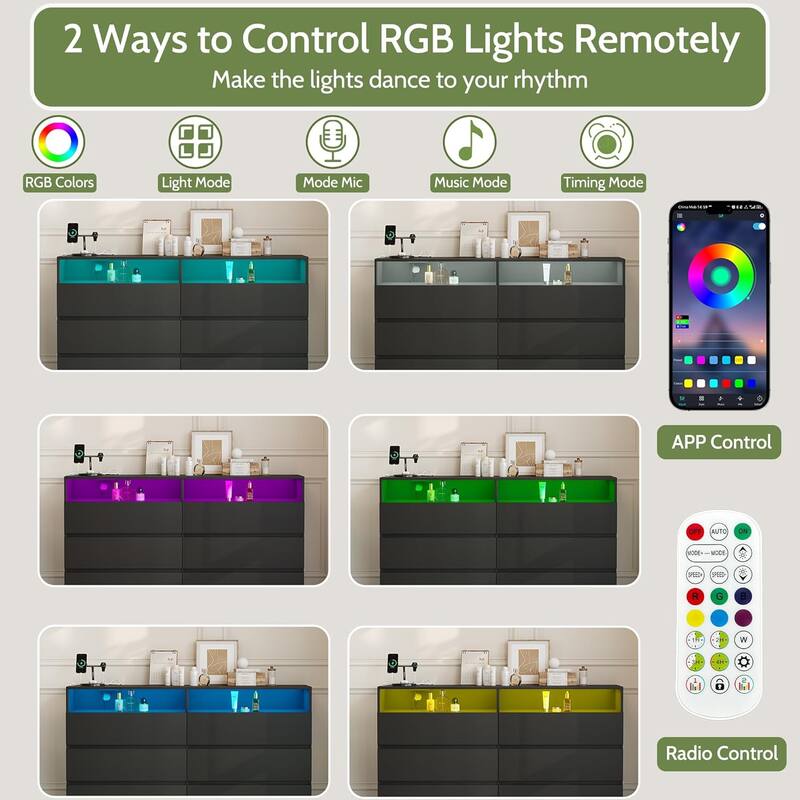 2 Ways to Control RGB Lights Remotely  
Make the lights dance to your rhythm

- RGB Colors
- Light Mode
- Mode Mic
- Music Mode
- Timing Mode

APP Control

Radio Control